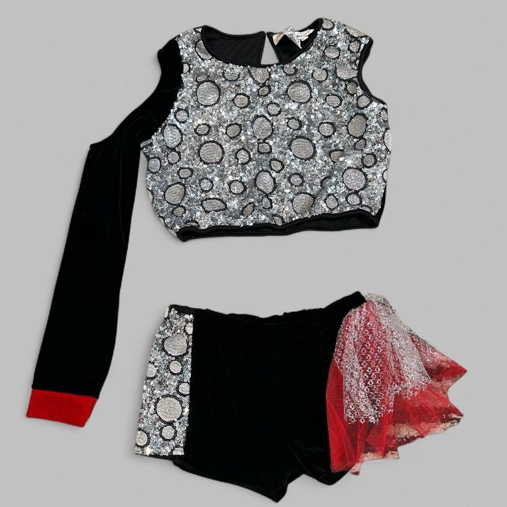 Dance Costume Two Piece Red Black Silver sequin Child Large Adult XS